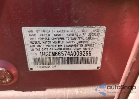 2004 Honda Accord Ex from USA, damaged, VIN 1HGCM66574A009268